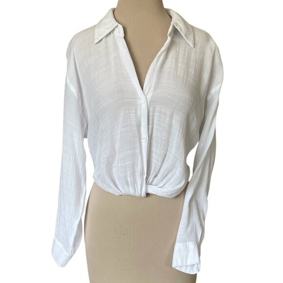 Love Tree Women's Sheer White Long Sleeve Button Cropped Blouse, Size L - Picture 1 of 11